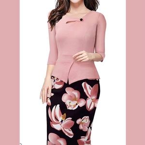 Flattering Professional Pink & Black Floral Dress